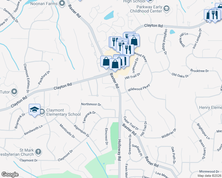 map of restaurants, bars, coffee shops, grocery stores, and more near 322 Waverly Place Court in Chesterfield