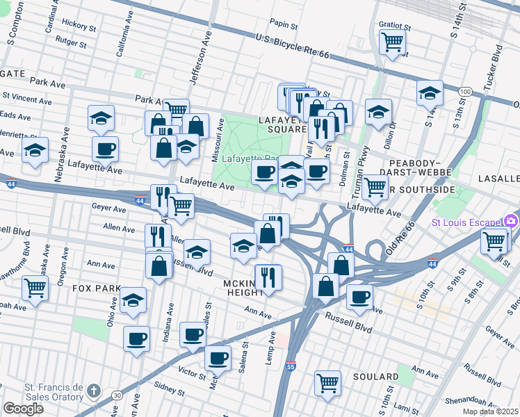 map of restaurants, bars, coffee shops, grocery stores, and more near 1723 Nicholson Place in St. Louis