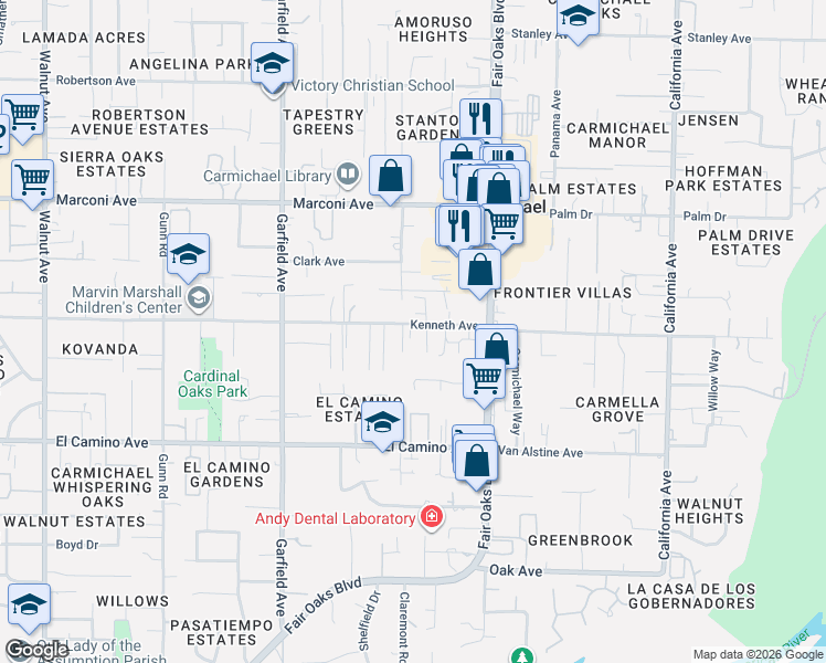 map of restaurants, bars, coffee shops, grocery stores, and more near 5712 Kenneth Avenue in Carmichael