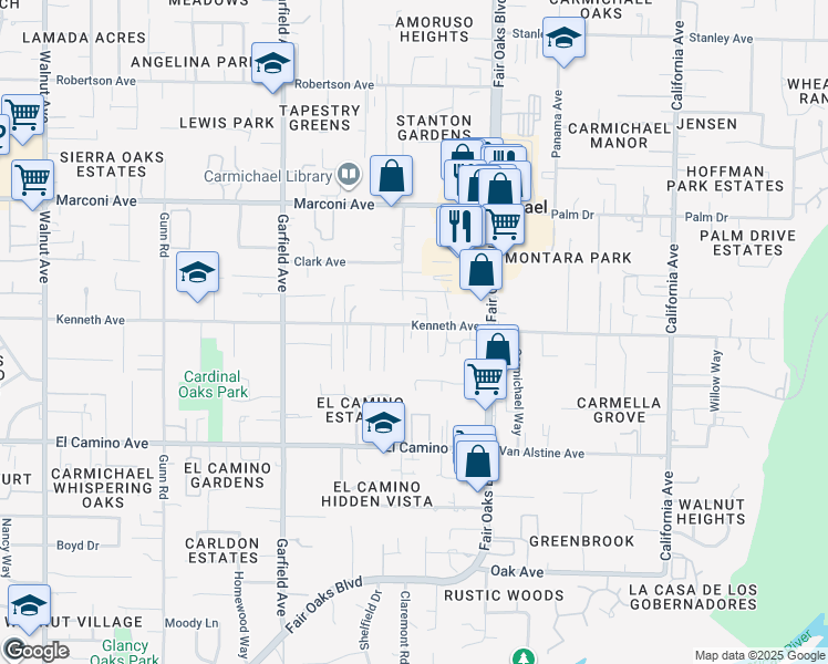 map of restaurants, bars, coffee shops, grocery stores, and more near 5710 Kenneth Avenue in Carmichael