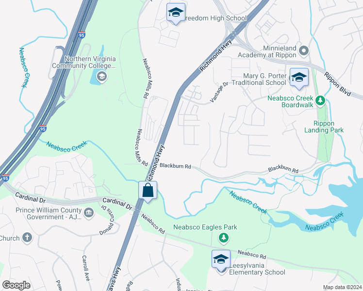 map of restaurants, bars, coffee shops, grocery stores, and more near 15647 John Diskin Circle in Woodbridge