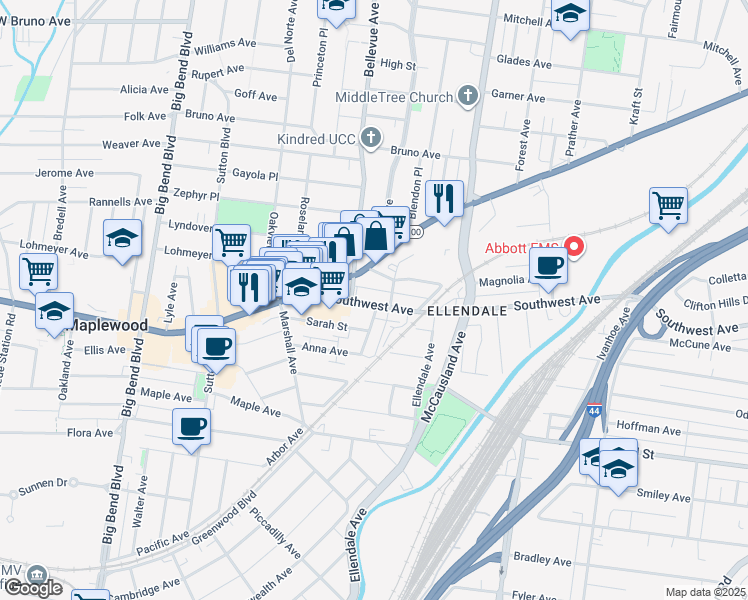 map of restaurants, bars, coffee shops, grocery stores, and more near 7215 Southwest Avenue in Maplewood