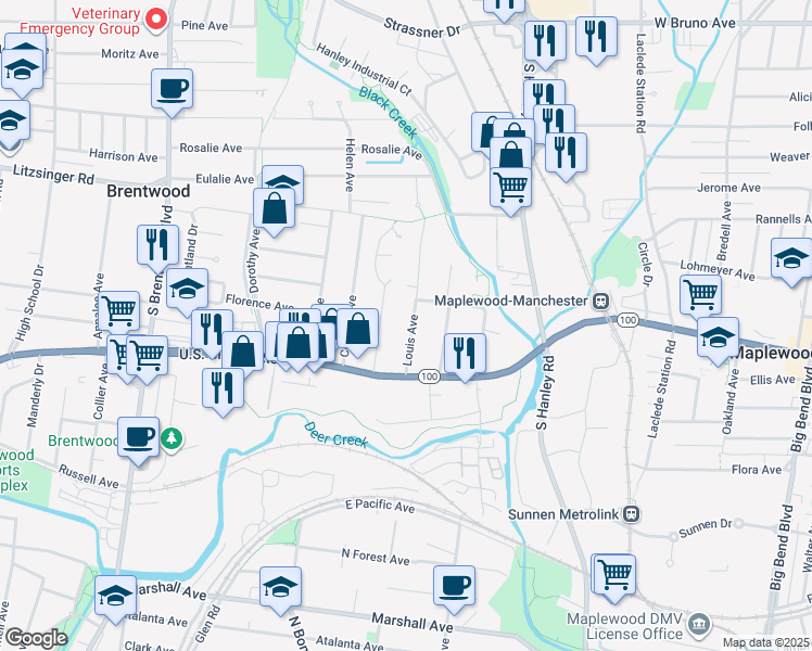 map of restaurants, bars, coffee shops, grocery stores, and more near 2623 Louis Avenue in Brentwood