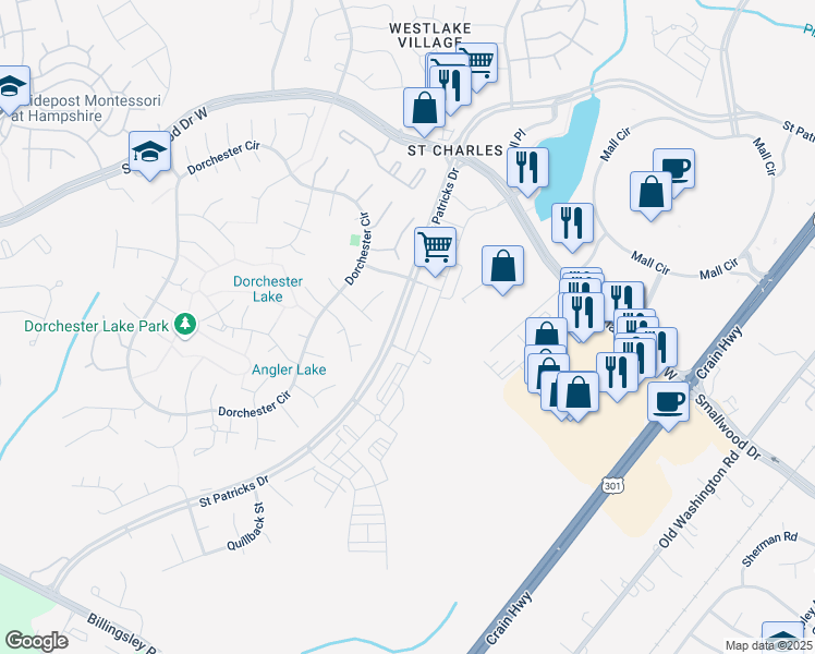 map of restaurants, bars, coffee shops, grocery stores, and more near 3560 Malvern Street in Waldorf