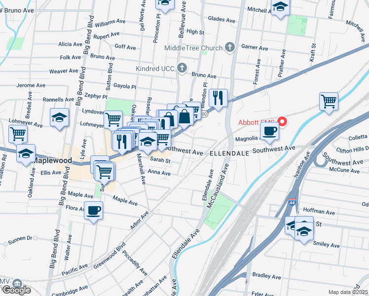 map of restaurants, bars, coffee shops, grocery stores, and more near 7210 Southwest Avenue in Maplewood