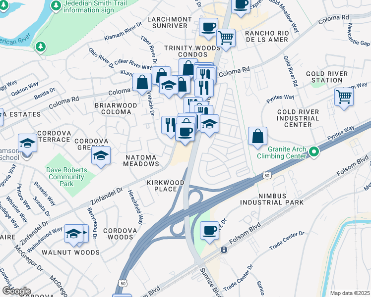 map of restaurants, bars, coffee shops, grocery stores, and more near 1971 Zinfandel Drive in Rancho Cordova