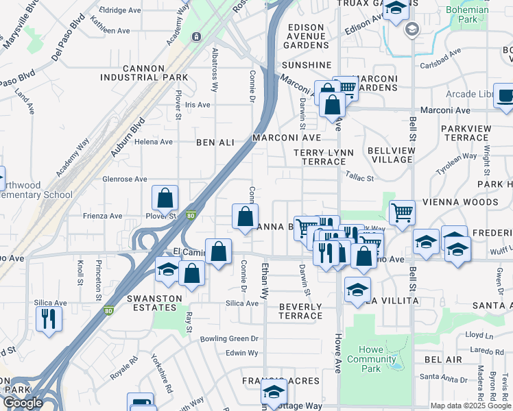 map of restaurants, bars, coffee shops, grocery stores, and more near 2600 Connie Drive in Sacramento