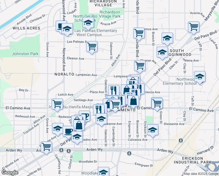 map of restaurants, bars, coffee shops, grocery stores, and more near 704 Plaza Avenue in Sacramento