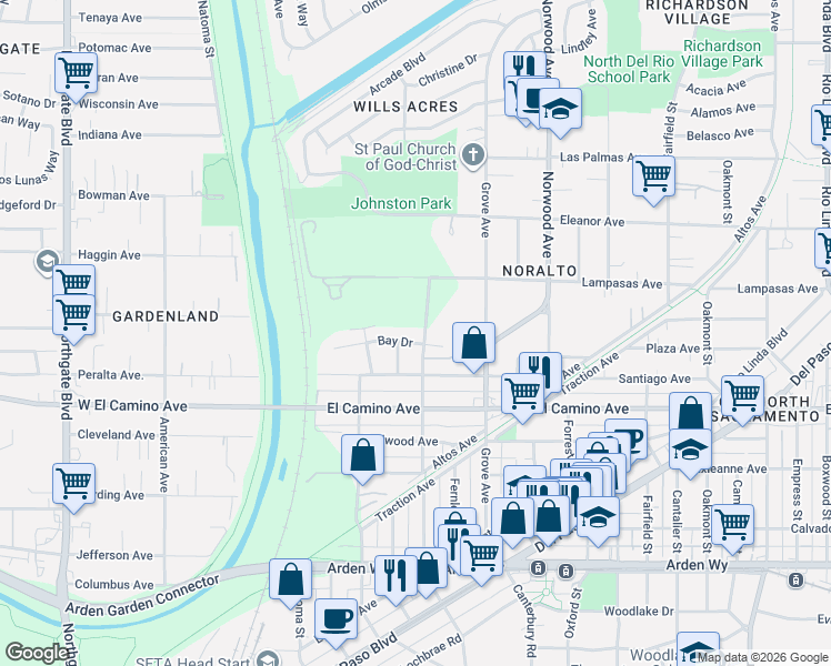 map of restaurants, bars, coffee shops, grocery stores, and more near 2544 Dale Avenue in Sacramento