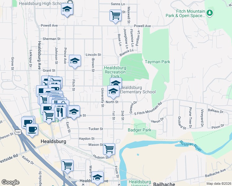 map of restaurants, bars, coffee shops, grocery stores, and more near 411 1st Street in Healdsburg