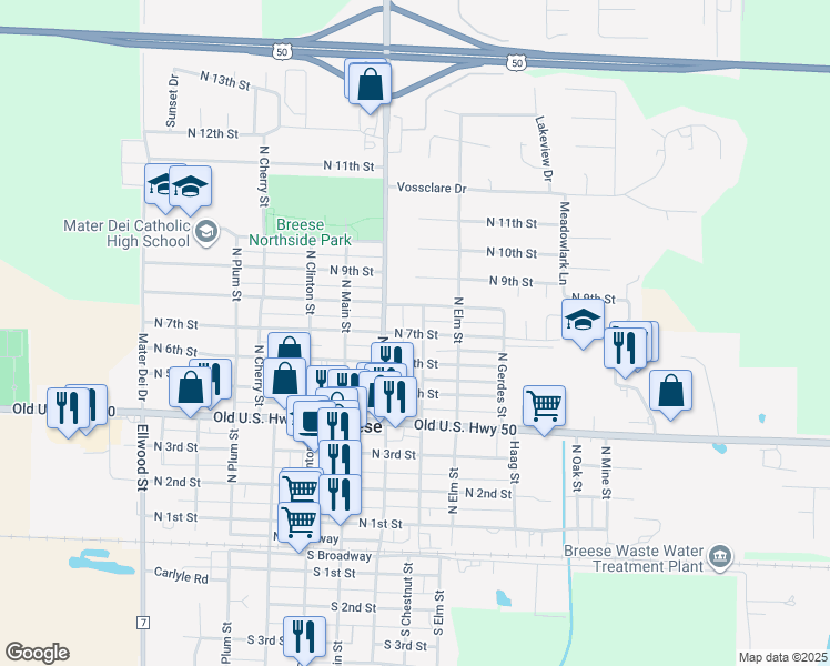 map of restaurants, bars, coffee shops, grocery stores, and more near 665 North Chestnut Street in Breese