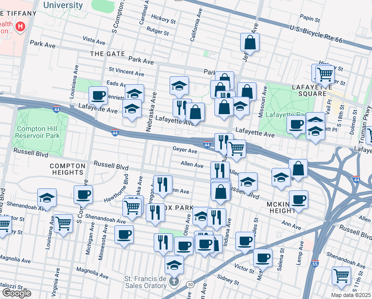 map of restaurants, bars, coffee shops, grocery stores, and more near 2728 Geyer Avenue in St. Louis