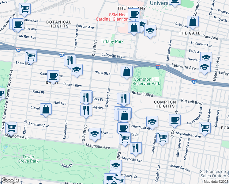map of restaurants, bars, coffee shops, grocery stores, and more near 3635 Flora Place in St. Louis