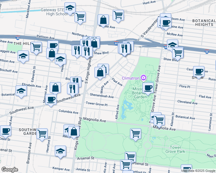 map of restaurants, bars, coffee shops, grocery stores, and more near 4514 Cleveland Avenue in St. Louis
