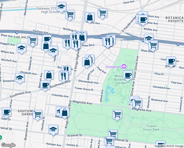 map of restaurants, bars, coffee shops, grocery stores, and more near 4514 Cleveland Avenue in St. Louis