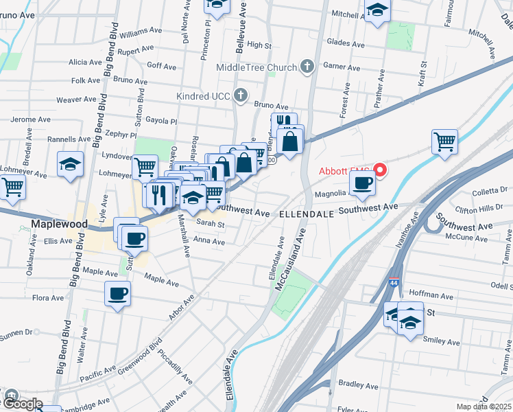 map of restaurants, bars, coffee shops, grocery stores, and more near 7122 Southwest Avenue in St. Louis