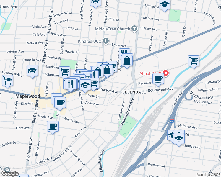 map of restaurants, bars, coffee shops, grocery stores, and more near 7122 Southwest Avenue in St. Louis