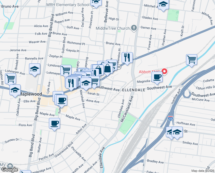 map of restaurants, bars, coffee shops, grocery stores, and more near 7210 Southwest Avenue in Maplewood
