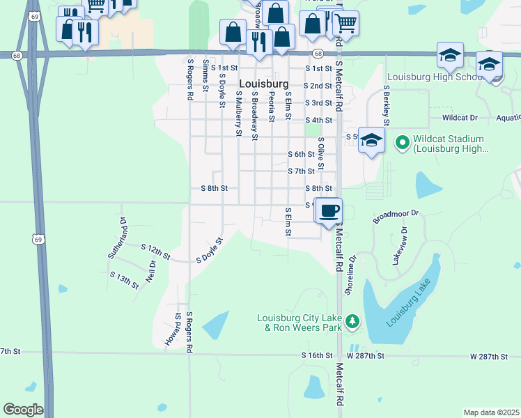 map of restaurants, bars, coffee shops, grocery stores, and more near 908 South Broadway Street in Louisburg