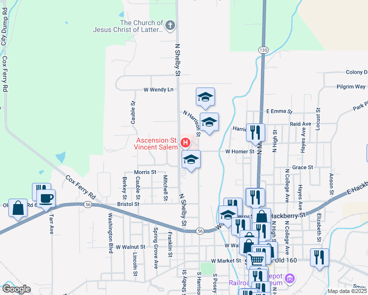 map of restaurants, bars, coffee shops, grocery stores, and more near 808 North Shelby Street in Salem