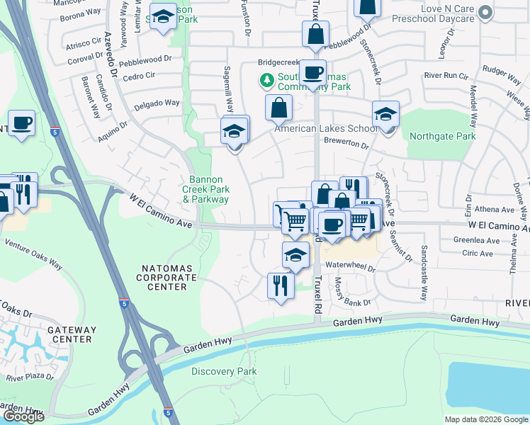 map of restaurants, bars, coffee shops, grocery stores, and more near 2600 Millcreek Drive in Sacramento