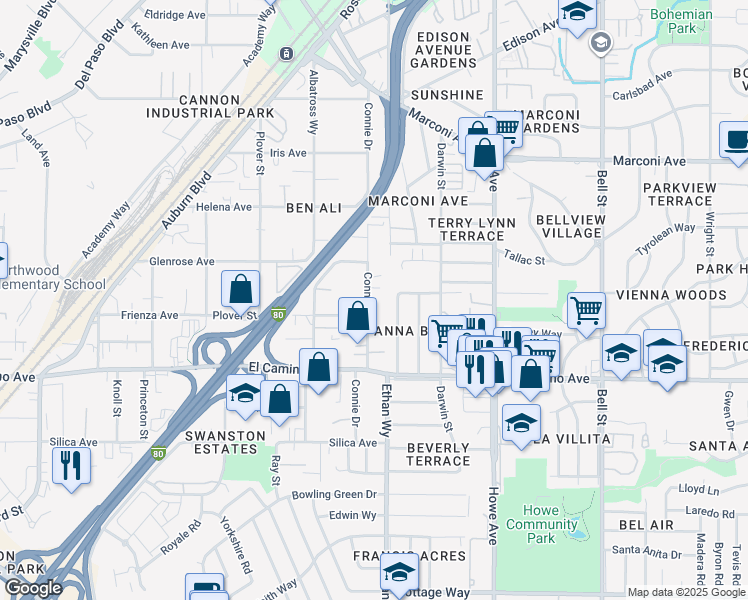 map of restaurants, bars, coffee shops, grocery stores, and more near 2600 Connie Drive in Sacramento
