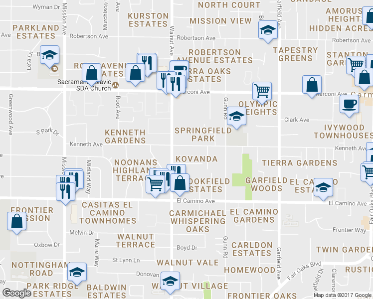 map of restaurants, bars, coffee shops, grocery stores, and more near 2624 Walnut Avenue in Carmichael