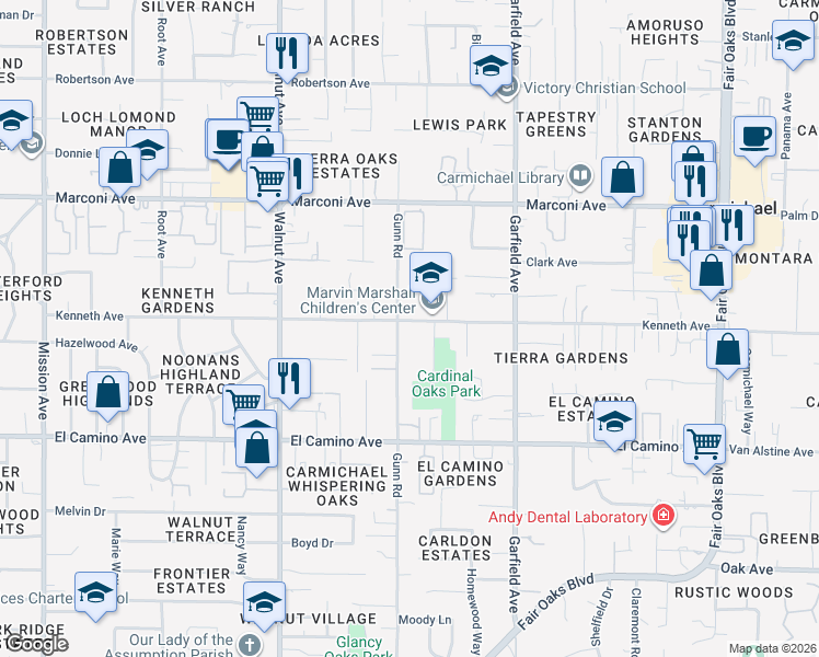 map of restaurants, bars, coffee shops, grocery stores, and more near 2634 Gunn Road in Carmichael