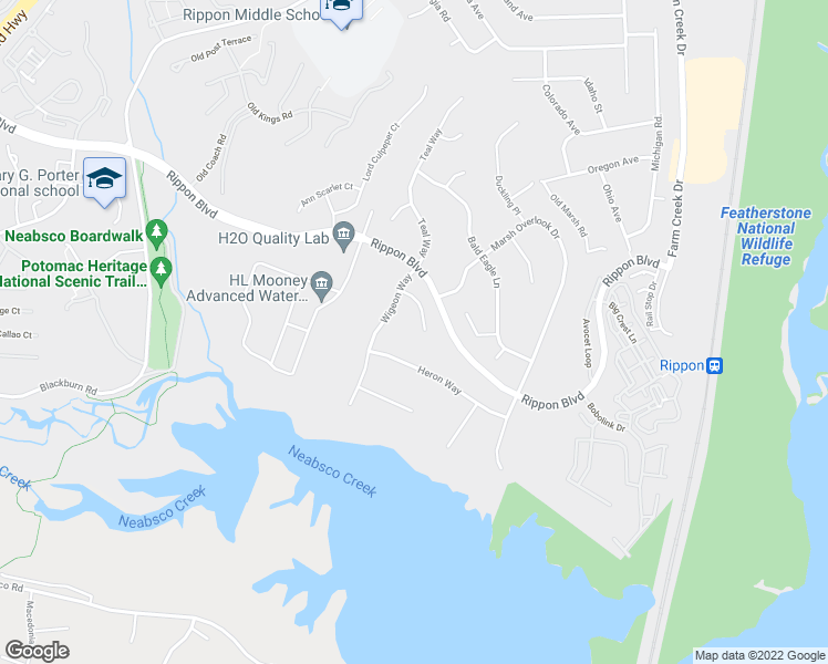 map of restaurants, bars, coffee shops, grocery stores, and more near 1589 Wood Duck Court in Woodbridge