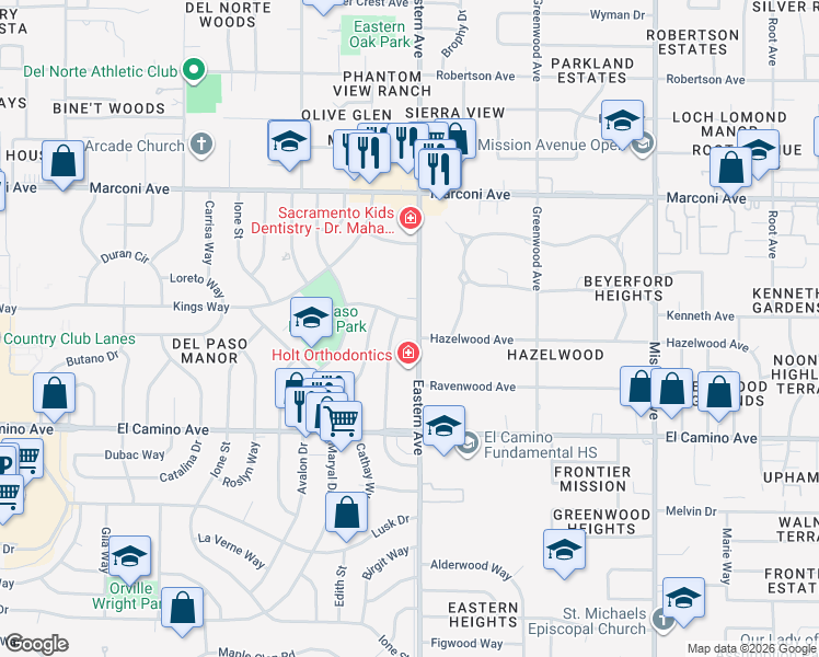 map of restaurants, bars, coffee shops, grocery stores, and more near 2623 Eastern Avenue in Sacramento