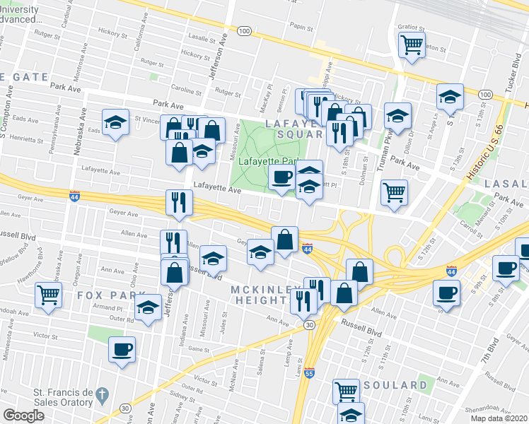 map of restaurants, bars, coffee shops, grocery stores, and more near 1728 Waverly Place in St. Louis