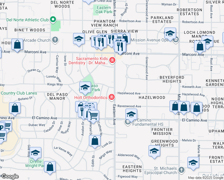 map of restaurants, bars, coffee shops, grocery stores, and more near 2623 Eastern Avenue in Sacramento