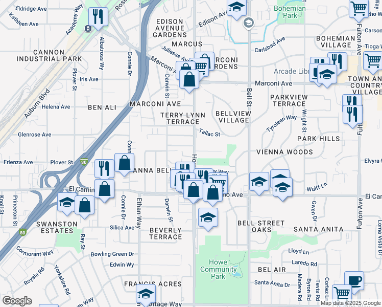 map of restaurants, bars, coffee shops, grocery stores, and more near 2601 Howe Avenue in Sacramento