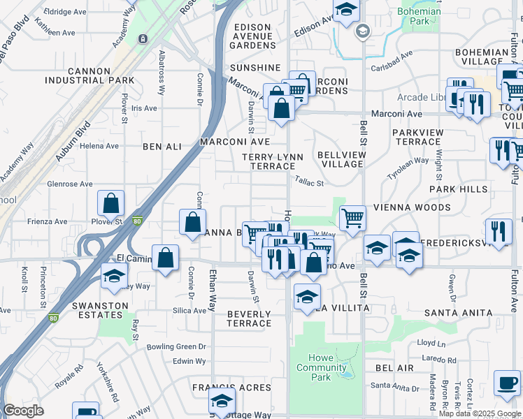 map of restaurants, bars, coffee shops, grocery stores, and more near 2594 Darwin Street in Sacramento