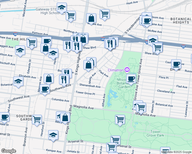 map of restaurants, bars, coffee shops, grocery stores, and more near 4514 Cleveland Avenue in St. Louis