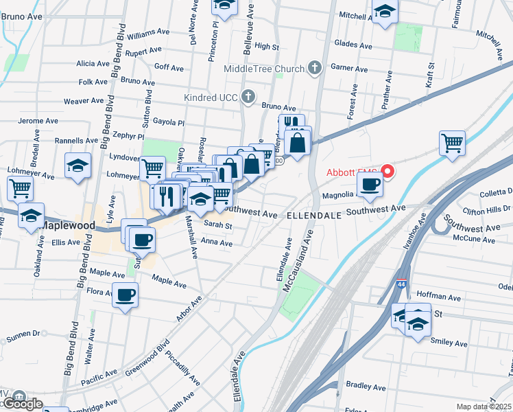 map of restaurants, bars, coffee shops, grocery stores, and more near 7122 Southwest Avenue in St. Louis