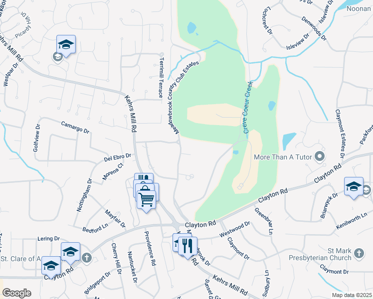 map of restaurants, bars, coffee shops, grocery stores, and more near 20 Meadowbrook Country Club Estates in Ballwin