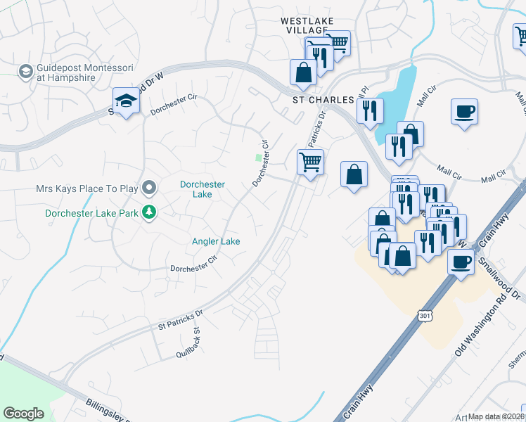 map of restaurants, bars, coffee shops, grocery stores, and more near 5011 Jurel Court in Waldorf