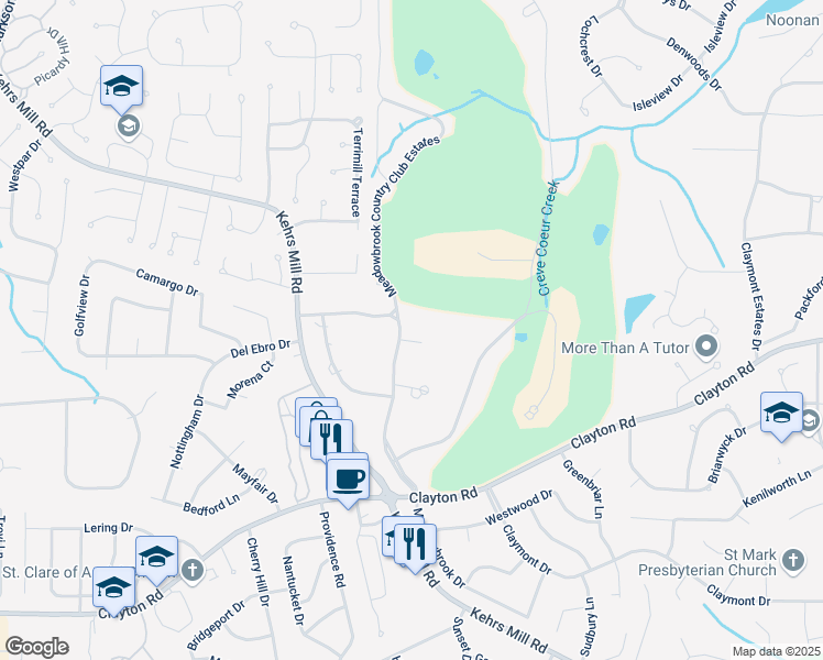 map of restaurants, bars, coffee shops, grocery stores, and more near 20 Meadowbrook Country Club Estates in Ballwin