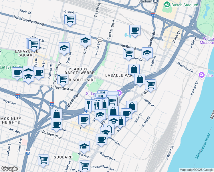 map of restaurants, bars, coffee shops, grocery stores, and more near 1500 Menard Street in St. Louis