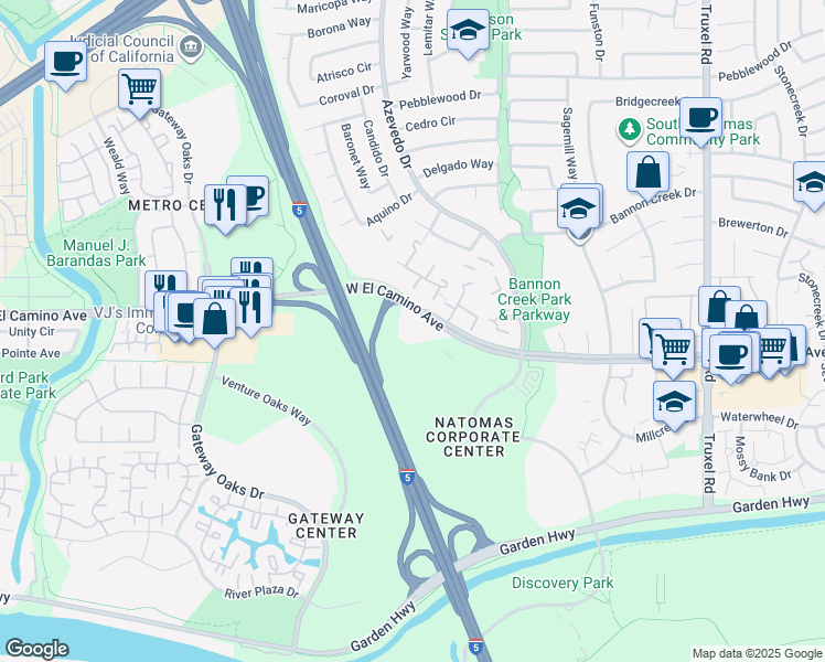 map of restaurants, bars, coffee shops, grocery stores, and more near 2030 West El Camino Avenue in Sacramento