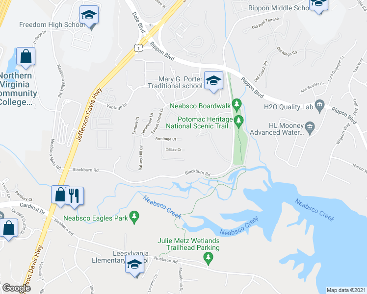 map of restaurants, bars, coffee shops, grocery stores, and more near 2100 Callao Court in Woodbridge