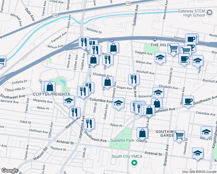 map of restaurants, bars, coffee shops, grocery stores, and more near 2360 59th Street in St. Louis