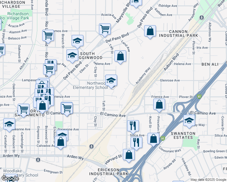 map of restaurants, bars, coffee shops, grocery stores, and more near 2630 Taft Street in Sacramento