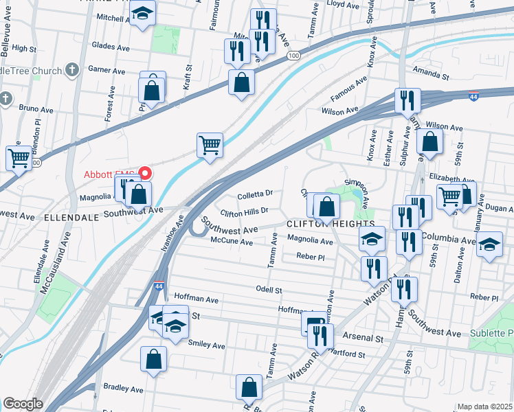 map of restaurants, bars, coffee shops, grocery stores, and more near 6420 Clifton Hills Drive in St. Louis