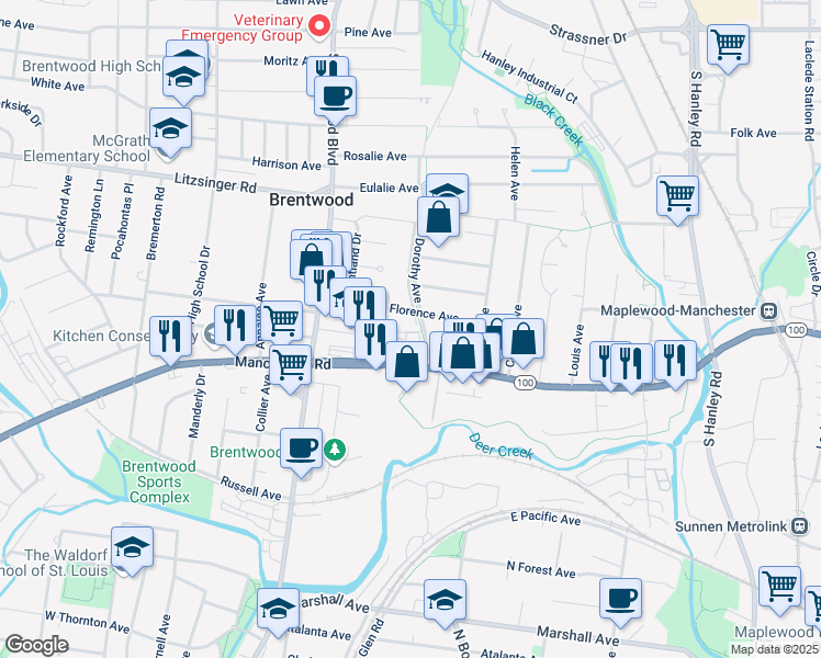 map of restaurants, bars, coffee shops, grocery stores, and more near 1 Van Mark Way in Brentwood