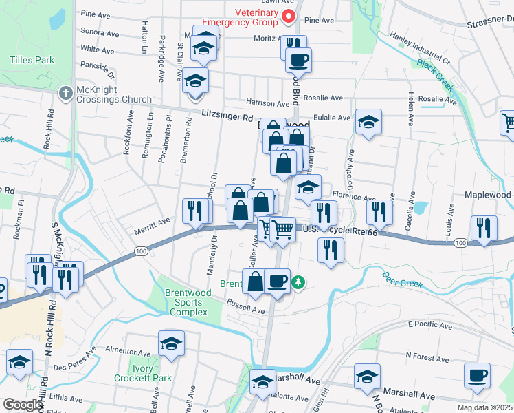 map of restaurants, bars, coffee shops, grocery stores, and more near 8843 Manchester Road in Brentwood