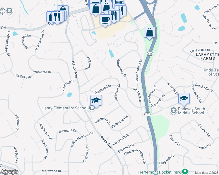 map of restaurants, bars, coffee shops, grocery stores, and more near 5 Mountview Court in Ballwin