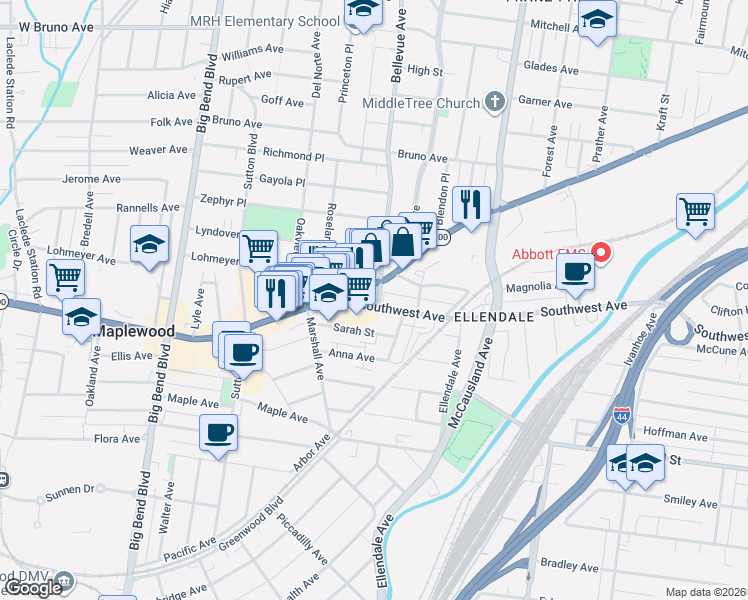 map of restaurants, bars, coffee shops, grocery stores, and more near 7210 Southwest Avenue in Maplewood