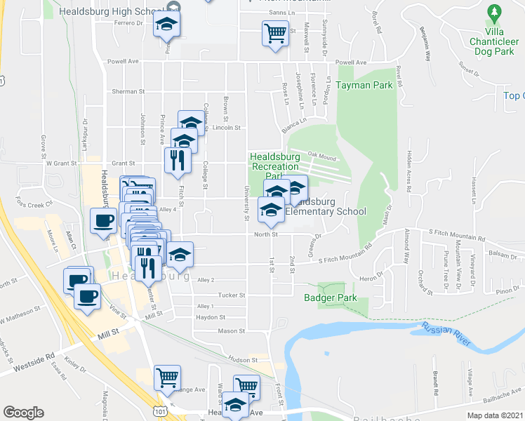 map of restaurants, bars, coffee shops, grocery stores, and more near 411 1st Street in Healdsburg